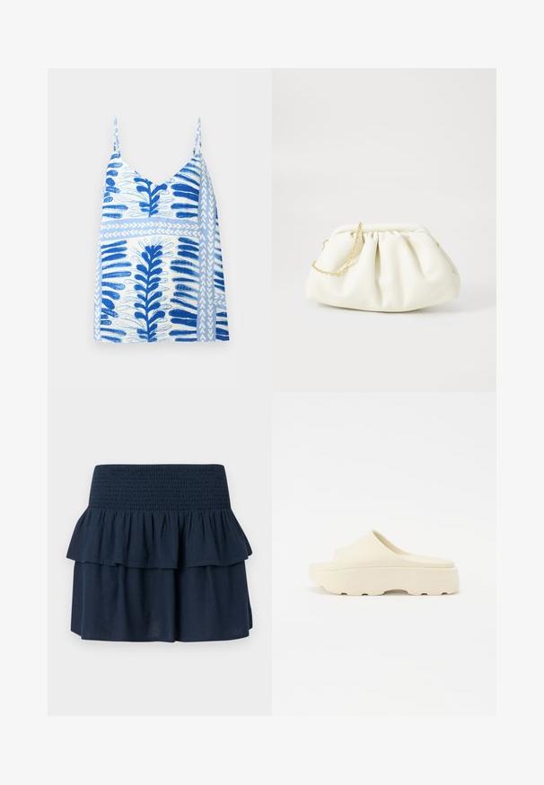 Top blanco sin mangas con patrones abstractos en azul de hojas y rayas y tirantes delgados, mostrado sobre un fondo liso.; Minifalda azul marino con cinturilla ancha fruncida y detalle de volantes superpuestos en la parte superior.; Sandalia beige sin correa con una superficie lisa similar al caucho, puntera redondeada, suela gruesa y fondo texturizado para un mejor agarre. Diseño minimalista.; Bolso de mano de cuero blanco con un diseño recogido, cuenta con una cadena dorada y forma redondeada. Textura suave con pliegues suaves y sin patrones.