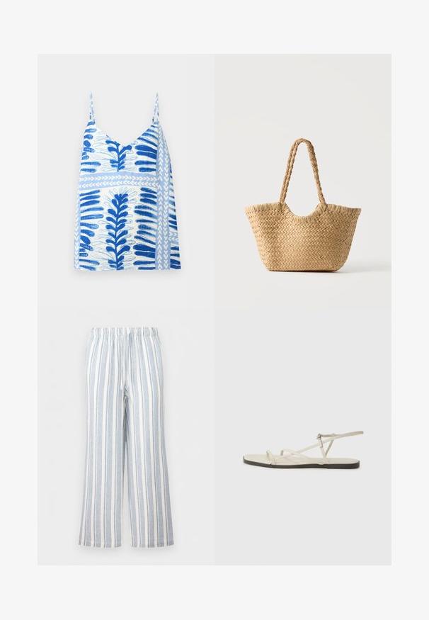 Witte mouwloze top met blauwe abstracte blad- en streeppatronen en dunne schouderbandjes, afgebeeld op een effen achtergrond.; Loszittende broek met verticale blauw-witte strepen, elastische tailleband en koordsluiting.; Beige platte sandaal met meerdere slanke bandjes en een verstelbare gesp. De zool is plat met een lichte donkere contrastering aan de rand.; Gevlochten strooien tote tas met brede bodem, gevlochten handvatten en natuurlijke beige kleur op een effen witte achtergrond.