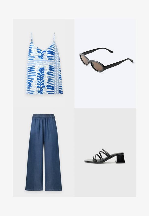 Haut blanc sans manches avec motifs abstraits bleus de feuilles et de rayures et fines bretelles, présenté sur fond uni.; Pantalon bleu à jambes larges avec taille élastique, en tissu denim, présenté sur un fond clair uni.; Sandale noire à talon avec un bout carré, présentant trois bandes torsadées sur le dessus et un talon carré épais. Matière lisse et brillante.; Lunettes de soleil noires à monture ovale avec verres teintés foncés, montrées légèrement en angle sur une surface blanche.