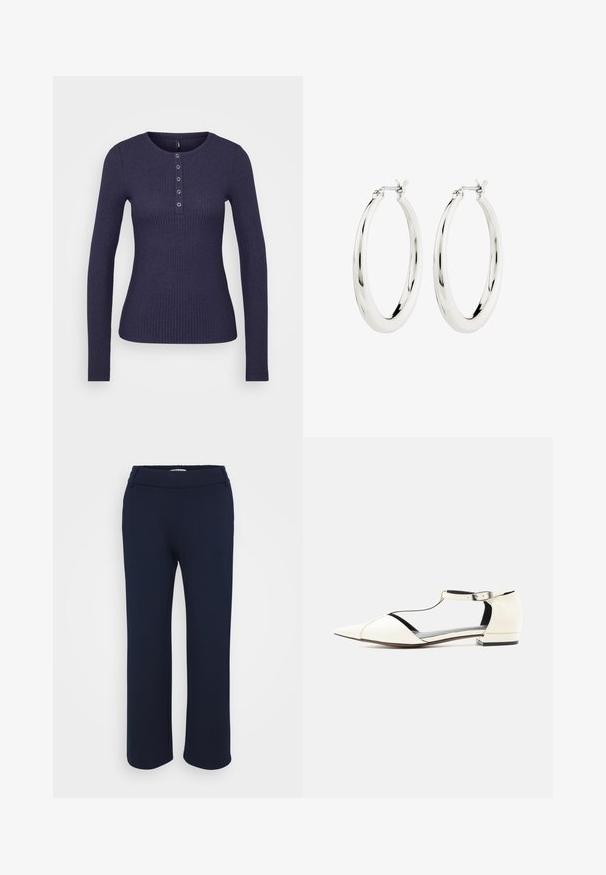 ONLY Tall ONLLINEA O NECK BUTTON - Camiseta de manga larga - night sky melange; Pantalones rectos de color azul marino, confeccionados en una tela elástica, que cuentan con una cinturilla plana y dos bolsillos laterales para mayor funcionalidad.; Zapato plano blanco de punta puntiaguda con tira en T y hebilla en el tobillo, tacón bajo y lados recortados, exhibido sobre un fondo neutro.; Pendientes de aro de plata con un acabado suave y brillante. Forma circular, con un cierre seguro. Diseño sencillo y elegante.