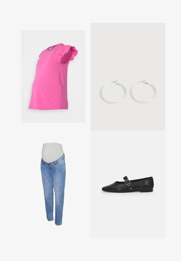 Roze zwangerschaps top met korte ruches mouwen en een ontspannen pasvorm. Gemaakt van zacht katoen, heeft het een ronde hals en is het heuplengte.; Zwangerschapsjeans van lichtblauwe denimstof, met een rechte pasvorm en een grijze elastische buikband voor extra comfort.; Zwarte leren platte schoen met een ronde neus, een enkele verstelbare gespsluiting en een gladde, glanzende textuur. Minimalistisch ontwerp met een lage hak.; Een paar glanzende zilveren oorringen met dunne draadafsluitingen, getoond op een lichtgrijze achtergrond.
