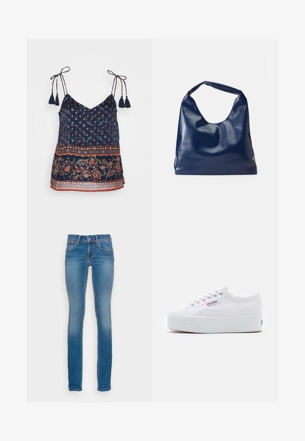 Vero Moda VMLUCY STRING SINGLET BOHO - Top - night sky; Lichtblauwe denim jeans met een slim fit, vijf zakken en contrasterende oranje stiksels, met een knoop- en ritssluitingen.; Witte canvas sneaker met een dikke witte platformzool, ronde neus en metalen oogjes voor veters. Merkl logo aan de zijkant weergegeven.; Marineblauwe neplederen schoudertas met een zachte, glanzende textuur, ronde vorm en een enkele, brede handgreep voor gemakkelijk dragen.