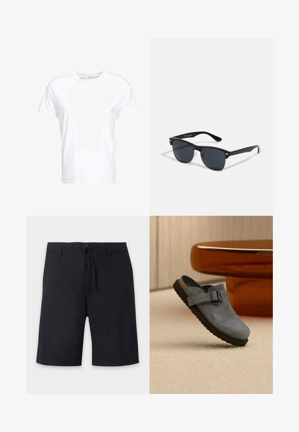 Camiseta de algodón blanca con cuello redondo y mangas cortas, con un corte clásico y una textura suave. Sin patrones ni elementos metálicos visibles.; Pantalones cortos negros hasta la rodilla con trabillas para cinturón, cierre con botón y cordón ajustable en la cintura.; Zueco gris de ante con suela negra y correa ajustable con hebilla, descansando sobre una alfombra beige cerca de la pata redondeada de una mesa marrón.; Gafas de sol negras con forma rectangular, lentes oscuros, detalles plateados en las patillas y un acabado mate en la montura.