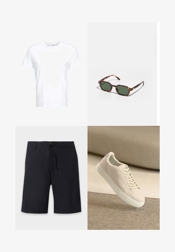 Hvid bomulds t-shirt med rund halsudskæring og korte ærmer, i en klassisk pasform og glat tekstur. Ingen mønstre eller hardware synlige.; Sorte knælange shorts med bæltestropper, knaplukning og justerbar snøretræk i taljen.; Beige ruskinds sneakers med hvid sål og snørebånd, vist svævende over tekstureret beige tæppe mod en blød beige baggrund.; Skildpaddefarvede solbriller med grønne linser, der har en oktagonal form og slanke, buede arme. Materialet har en blank finish.