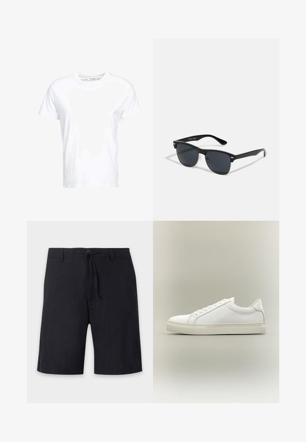 Weißes Baumwoll-T-Shirt mit rundem Ausschnitt und kurzen Ärmeln, im klassischen Schnitt und mit glatter Textur. Keine sichtbaren Muster oder Hardware.; Schwarze knielange Shorts mit Gürtelschlaufen, Knopfverschluss und verstellbarem Kordelzug in der Taille.; Weißer Sneaker mit niedrigem Schaft, vorn mit Schnürung und dicker Sohle, aus der Seitenansicht vor neutralem Hintergrund.; Schwarze Sonnenbrille mit rechteckiger Form, dunklen Gläsern, silbernen Akzenten an den Bügeln und mattierter Oberfläche des Rahmens.