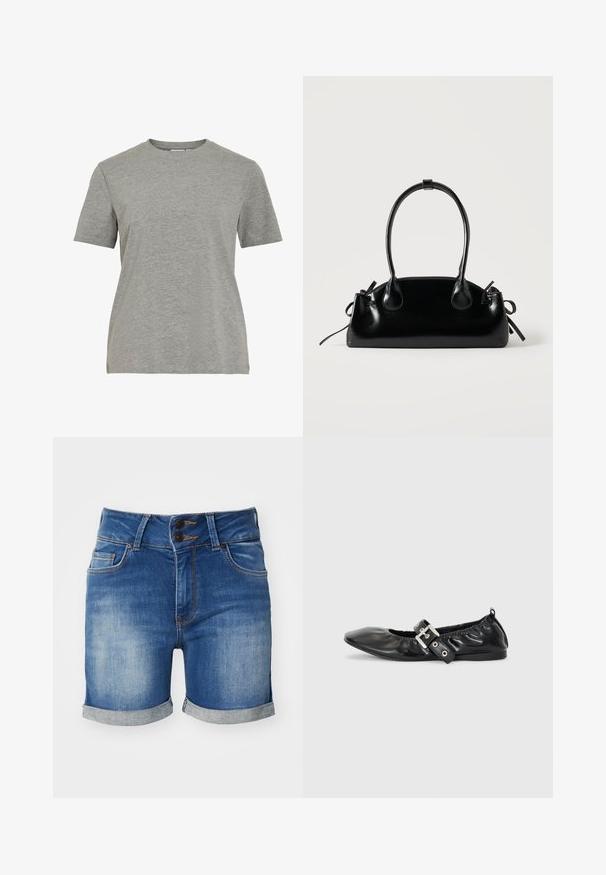 Hall hallist puuvillast T-särk, millel on klassikaline ümarsärk, lühikesed varrukad ja sile tekstuur, sobib vabaajaks.; Denim lühikesed püksid helesinisest tumedani sinise gradatsiooniga, kahekordse nupuga kinni, kokku keeratud servadega ja esipocketitel kontrastse õmblusega.; Must musta lamega, millel on terav nina, kokkukogutud detailid avause ümber ja hõbedane pandla aktsent reguleeritaval rihmal.; Väike must läikiv käekott kahe pika sangaga ja külgedel paelakinnitustega, ühel lihtsal helel taustal.