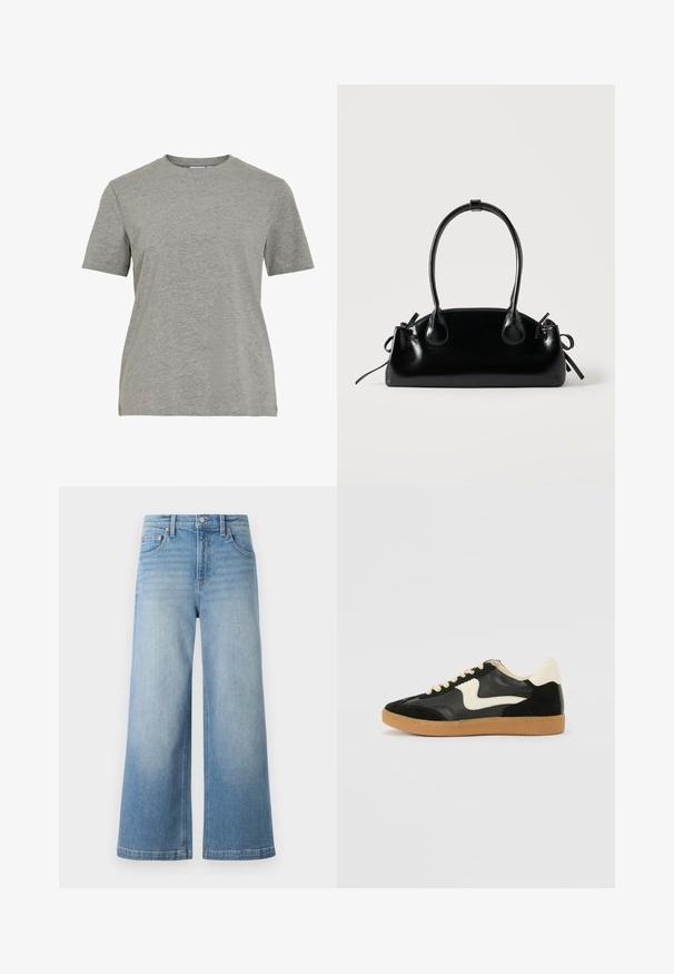 Camiseta gris de algodón con cuello redondo clásico, mangas cortas y textura suave, ideal para un uso casual.; Jeans de mezclilla de tiro alto de denim azul claro con corte ancho, diseño de cinco bolsillos, costuras visibles y cierre de botón en la parte delantera.; Zapatillas de deporte de ante y cuero negro con un swoosh lateral en crema y un talón en crema claro. Presenta cordones beige y una suela de goma marrón.; Pequeño bolso negro brillante con dos asas largas y detalles de cordón lateral sobre un fondo claro liso.