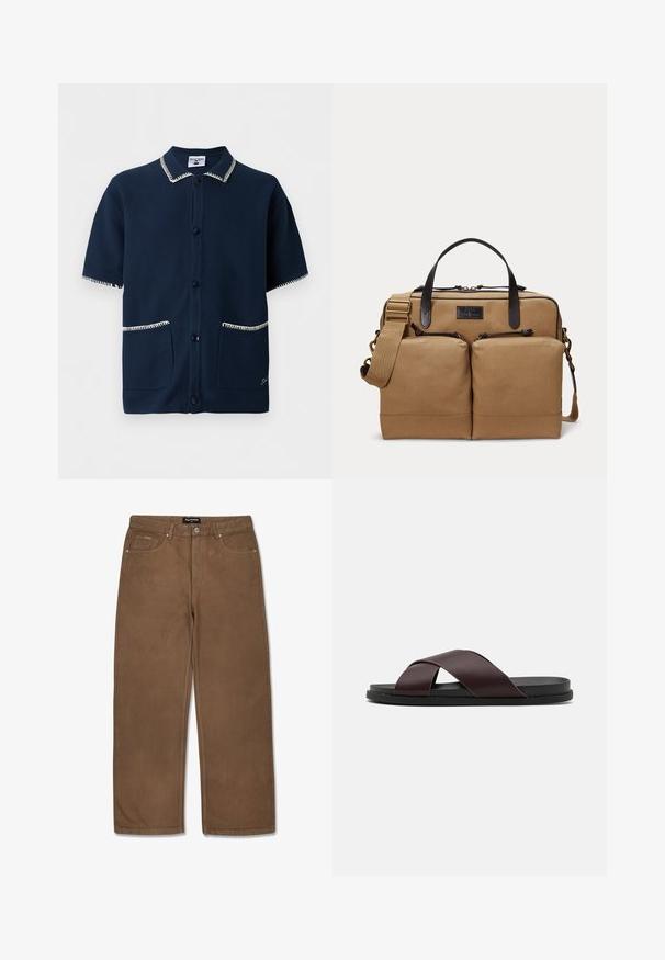 Marineblå kortærmet skjorte med knapper, med hvidt syet kant på krave, ærmer og forlommer, med et lille broderet detaljer på lommen.; Brune denimbukser med lige ben, der har fem lommer, knaplukning og diskrete syninger langs sømmene.; Brun, krydsrem slide sandal med mat finish, flad sort sål og glat tekstur. Minimalistisk design uden synligt hardware.; Tan canvas messenger taske med to front lynlåslommer, sorte læderhåndtag og en justerbar skulderrem.