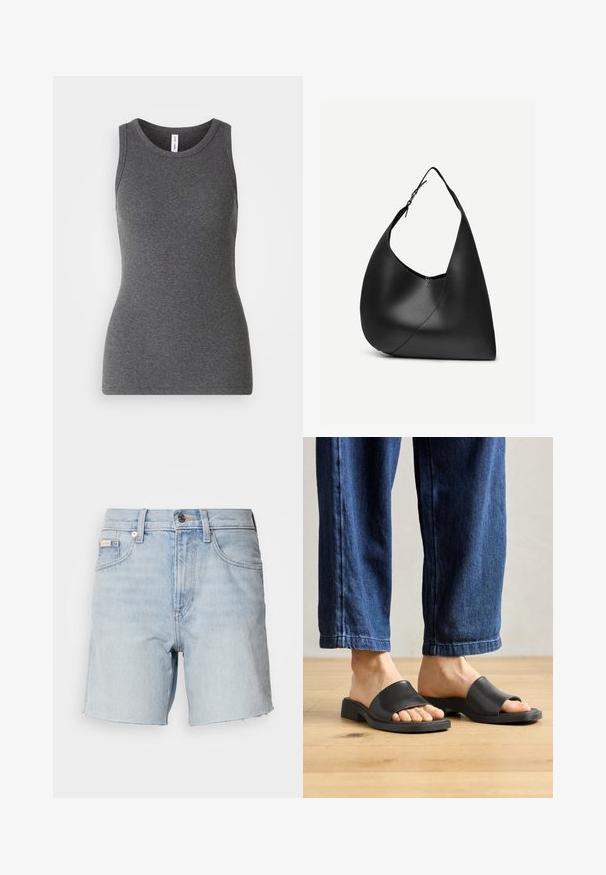 Grijze mouwloze tanktop van ribmateriaal; heeft een ronde halslijn en een getailleerd ontwerp. Geen patronen of extra accenten.; Lichtblauwe denim shorts met rafelige zoom, knoop- en ritssluiting aan de voorkant, lusjes voor een riem en voorzakken.; Zwarte instapsandalen van glad materiaal, met een open teen en een brede bovenband, geplaatst tegen donkere denimspijkerbroeken met een rechte pasvorm.; Zwarte leren schoudertas met gebogen driehoekige vorm, enkele verstelbare riem en zichtbare diagonale naad aan de voorkant.