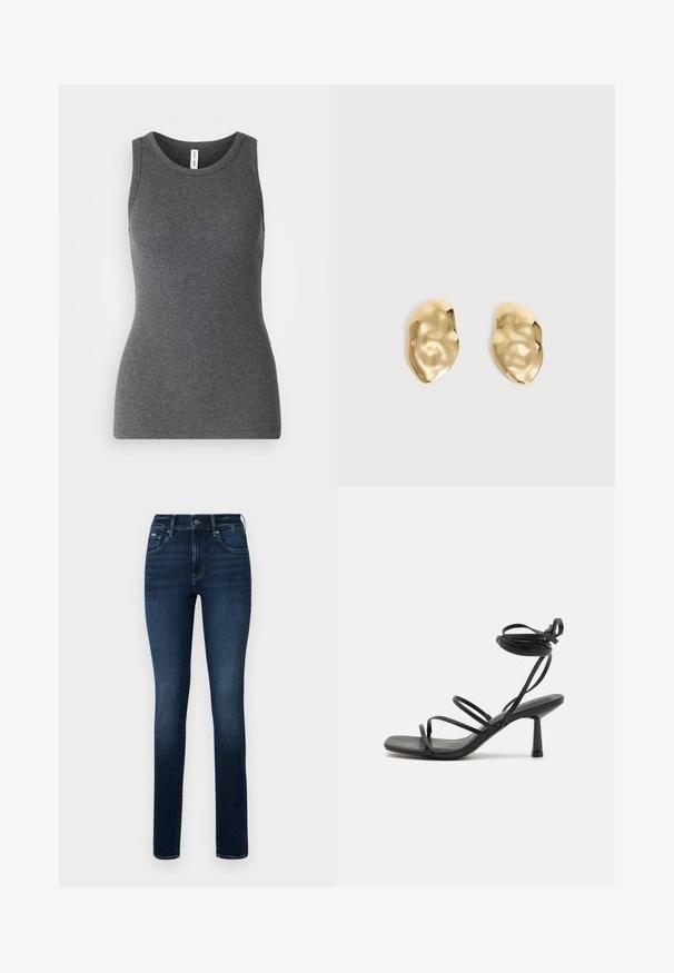 Grijze mouwloze tanktop van ribmateriaal; heeft een ronde halslijn en een getailleerd ontwerp. Geen patronen of extra accenten.; Donkerblauwe denim jeans met een rechte pijp, vijf zakken en een knoopsluiting op de tailleband.; Zwarte bandjes sandaal met een vierkante neus, verstelbare enkelbandjes en een slanke blokhak. Gemaakt van een glad, duurzaam materiaal.; Een paar glanzende, onregelmatig gevormde gouden metalen oorbellen met een gekreukeld, glad oppervlak op een effen lichte achtergrond.