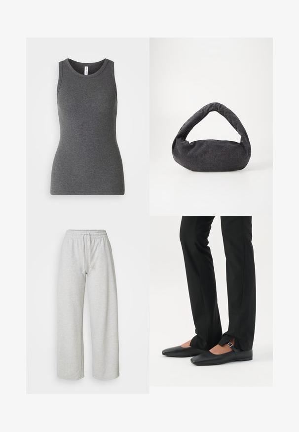 Hallikate varrukateta tops, mis on valmistatud ribakujulisest materjalist; sisaldab ümmargust kaelust ja kergelt liibuvas disainis. Ilma mustrite või lisakreemide. Stiilne ja minimalistlik.; Even&Odd Petite Dresside alumine osa - mottled light grey; Jalad, mis kannavad mustaid kitsaid pükse esiosal lõhikutega allääres, kombineeritud mustade lameda tallaga Mary Jane kingadega, millel on väike pandlakinnitusega rihm.; Tumehallist kangast kott, millel on kaardus käepide, pehme tekstuur ja ümar kuju. Pole nähtavaid metallosi ega kaunistusi.