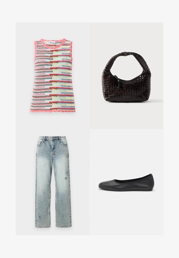 Ærmeløs strikket top med lyserøde kanter, med et flerfarvet stribet mønster i blå, rød, gul, hvid, brun og grøn garn.; Lyseblå denim jeans med lige ben-design, der har synlige stikninger og dekorative kryds mønstre foran.; Sort læderballetsko med rund tå, glat tekstur, minimal syning og et fleksibelt såldesign.; Vævet læderhåndtaske i mørkebrun, rund form med et tykt flettet håndtag. Har lynlåslukning og diskret branding på siden.