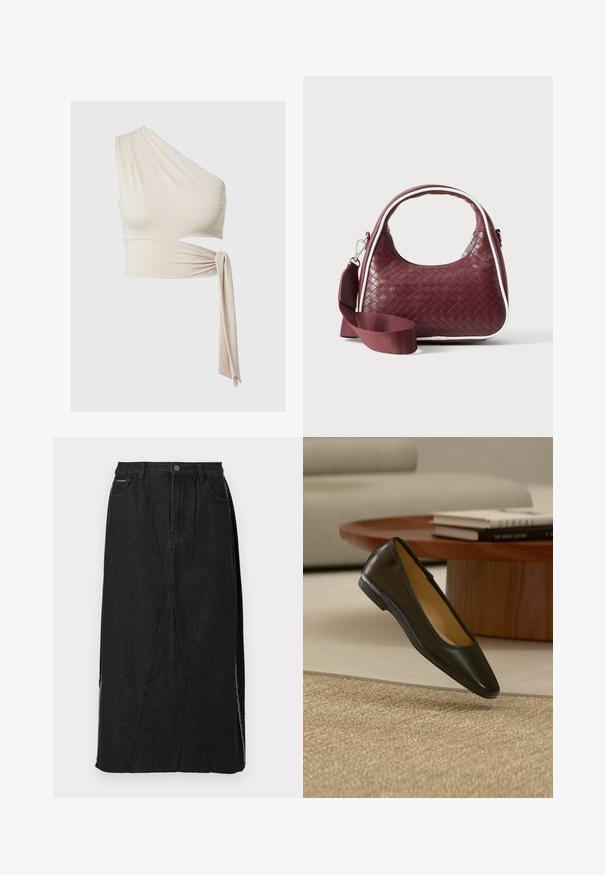 Crop top crème à une épaule avec une découpe latérale et une longue cordelette en tissu sur le côté droit.; Jupe en denim noire avec une taille haute, coupe droite et coutures angulaires uniques. Présente des fentes latérales et une fermeture à bouton à la taille.; Chaussure plate en cuir noir avec bout carré arrondi sur un tapis tissé beige, avec une table basse en bois et des livres empilés en arrière-plan.; Sac à main en cuir tressé marron foncé avec poignée courbée, garniture blanche, fermeture éclair argentée et bandoulière large en tissu amovible sur fond uni.