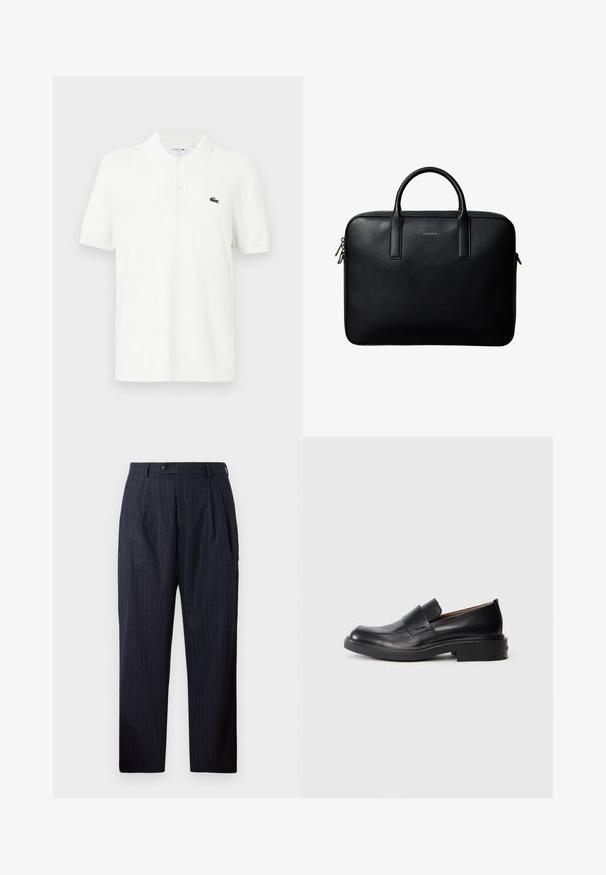 Hvid polo shirt lavet af glat bomuldsstof med en klassisk krave, tre-knaps placket og et lille grønt krokodillelogo på brystet.; Marine-stribede bukser lavet af et tekstureret stof, med knaplukning, to for-pleats og lige ben-design.; Sorte læder slip-on dress sko med lav hæl og subtil Calvin Klein logo på siden, vist i profil på en hvid baggrund.; Sort tekstureret lædermappe med dobbelte håndtag og sølv lynlås, centreret på hvid baggrund.