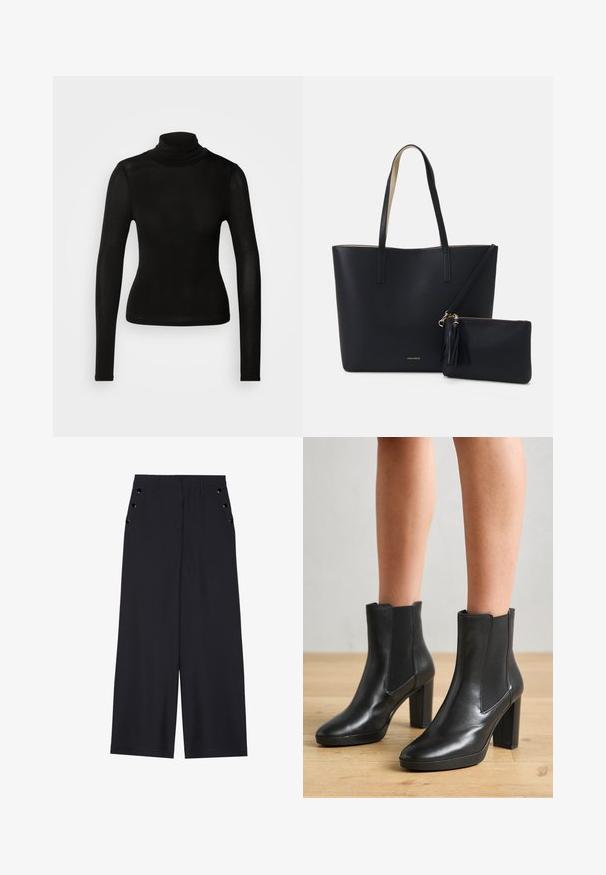 Haut à col roulé noir fabriqué en matériau léger et extensible. Il présente des manches longues et une silhouette ajustée sans coutures visibles.; Pantalons ample en tissu bleu marine foncé, avec une texture lisse, des plis avant et des œillets décoratifs en ton doré sur les poches latérales.; Bottes noires en cuir jusqu'aux chevilles avec un talon carré, dotées de panneaux latéraux élastiques, d'une texture lisse et d'une silhouette épurée.; Sac fourre-tout noir avec un matériau texturé, deux longues anses et une pochette zippée amovible avec un détail de pompon. Logo de la marque en orvisible.