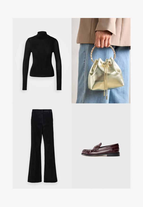 Haut à col roulé noir fabriqué en matériau léger et extensible. Il présente des manches longues et une silhouette ajustée sans coutures visibles.; Pantalons évasés en velours côtelé noir avec des côtes verticales, dotés d'une taille et de poches latérales, conçus pour une coupe décontractée.; Mocassin penny en cuir bordeaux avec semelle noire et détail en métal doré sur le dessus, présenté en vue latérale sur fond blanc.; Sac seau en métal doré avec fermeture à cordon, doté d'une poignée en chaîne dorée et de deux détails décoratifs en chaîne à l'avant.