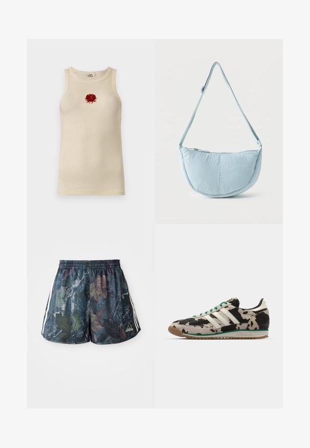 Beige ribbet ærmeløs top med en lille rød krabbe broderi centreret på brystet.; Herre shorts med et flerfarvet bladmønster på en mørk baggrund, med elastisk talje og sidelister i hvid.; Adidas sneakers med overdel i kuhaut mønster, grønne snørebånd, tre hvide striber og en brun gummisål. Rundet tådesign.; Lyseblå skuldertaske i måneform med justerbar rem og lynlåslukning øverst på ensfarvet baggrund.