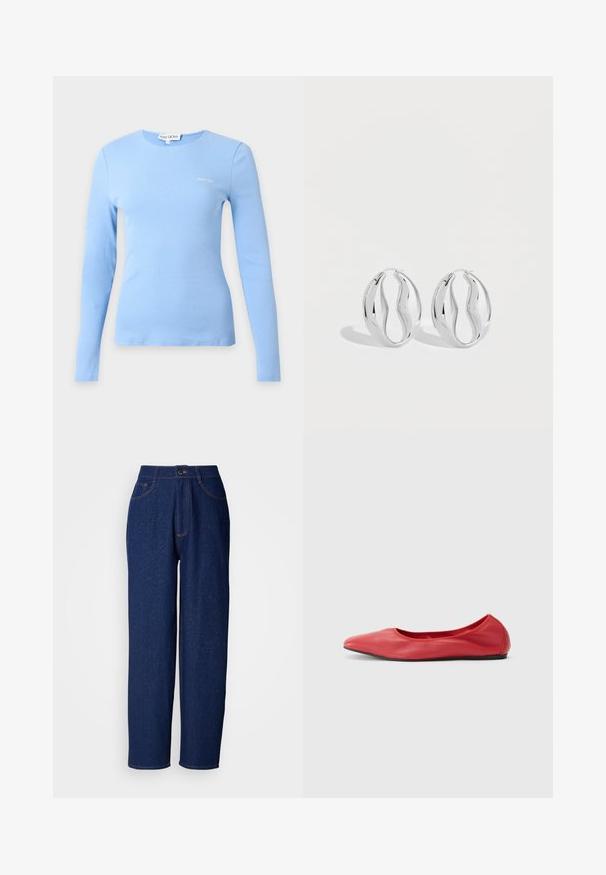 Lyseblå ribbet bluse med lange ærmer, rund halsudskæring og lille hvidt "Stine Goya"-logo på brystet.; Mørkeblå denim bukser med vide ben og høj talje, prydet med orange syninger, forlommer og knaplukning. Glat tekstur med diskrete prikker.; Filippa K REY FLATS - Ballerinasko - bright red; Par af skinnende sølv hængende øreringe med et snoet, bølget design, vist på en ensfarvet lys baggrund.