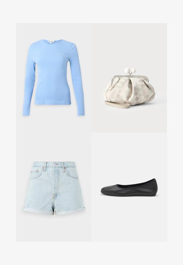 Lyseblå ribbet bluse med lange ærmer, rund halsudskæring og lille hvidt "Stine Goya"-logo på brystet.; Lyseblå denim shorts med høj talje, opadvendte manchetter, kobbernitter og en frontlynlås. Har klassisk fem-lomme stil.; Sort læderballetsko med rund tå, glat tekstur, minimal syning og et fleksibelt såldesign.; Lille beige clutch- taske med tekstureret prikket stof, sølvramme, rund hvid lukning og aftagelig håndledsrem på ensfarvet baggrund.
