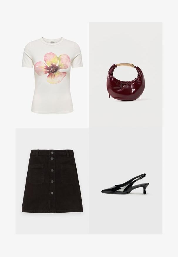 Wit T-shirt met korte mouwen met een grote, aquarelachtige bloem in roze, geel en bruine tinten, gecentreerd op de voorkant.; Bruine corduroy A-lijn rok met een knoopsluiting aan de voorkant, twee voorzakken en geweven verticale strepen. Standaard tailleband met lussen voor een riem.; Zwarte lakleren slingback schoenen met een spitse neus en een lage blokhak. Verstelbare gespband bij de enkel.; Bordeaux neplederen handtas met een ronde vorm, geplooide details en een handgreep van goudkleurig metaal. Gladde textuur en glanzende afwerking.