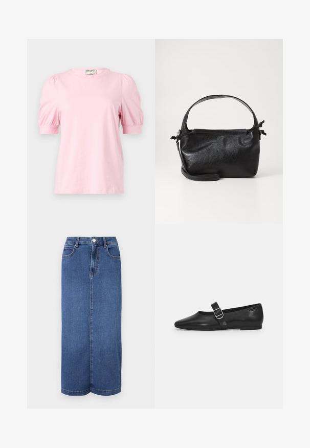 Pink t-shirt med korte pufærmer, rund halsudskæring, lavet af blødt stof. Enkel design uden mønstre eller dekorationer.; Mørkeblå denim maxiskørt med lige snit, talje med knaplukning og minimale syninger.; Sorte læder flade sko med rund tå, et enkelt justerbart spænde og en glat, blank overflade. Minimalistisk design med en lav hæl.; Sort læderhåndtaske med et struktureret design, rund tophåndtag og aftagelig skulderrem. Den har en glat tekstur og en subtil glans.