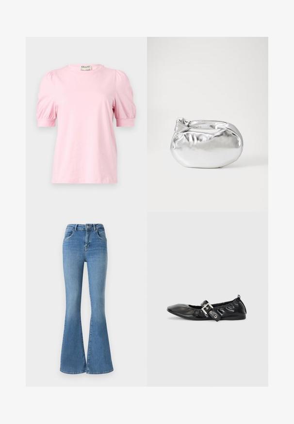 Rosa T-Shirt mit kurzen Puffärmeln, Rundhalsausschnitt, aus weichem Stoff. Einfaches Design ohne Muster oder Akzente.; Ausgestellte Jeans aus blauen Denim, mit einer hohen Taille, Reißverschluss und Knopfverschluss sowie einem ausgebleichten Design mit dezenten Waschungseffekten.; Schwarze Leder-Ballerinas mit spitzem Zehenbereich, gerafften Details am Schaft und einem silbernen Schnallenakzent am verstellbaren Riemen.; Silberne metallic Pouch-Tasche mit einer sanften, abgerundeten Form und einem geknoteten Verschluss oben. Hergestellt aus glattem Kunstleder.