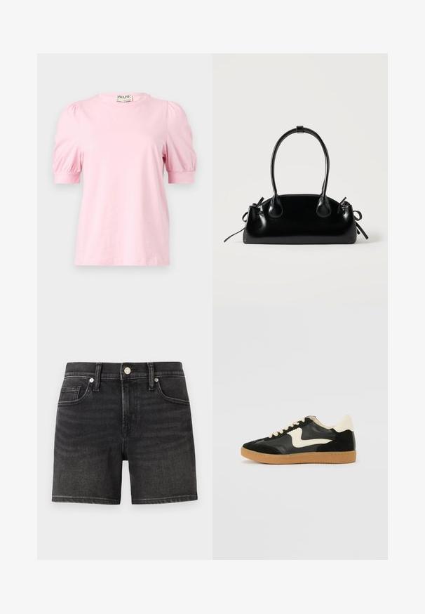 Rosa T-Shirt mit kurzen Puffärmeln, Rundhalsausschnitt, aus weichem Stoff. Einfaches Design ohne Muster oder Akzente.; Schwarze Denim-Shorts mit klassischem Fünf-Taschen-Design, ausgestattet mit einem vorderen Knopfverschluss und sanften Verwaschungen für mehr Textur.; Schwarze Wildleder- und Leder-Sneaker mit einem cremefarbenen Seiten-Swoosh und einer hellcremefarbenen Ferse. Ausgestattet mit beige Schnürsenkeln und einer Gummilaufsohle.; Kleine schwarze glänzende Handtasche mit zwei langen Griffen und seitlichen Kordelzug-Details vor einfachem hellem Hintergrund.