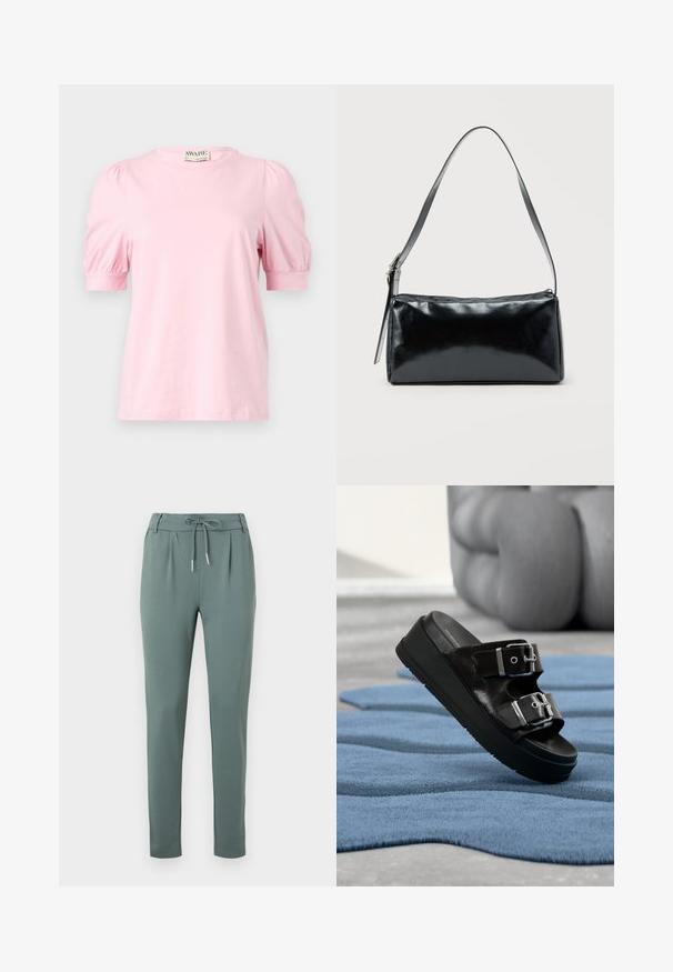 T-shirt rose à manches bouffantes courtes, col rond, en tissu doux. Design simple sans motifs ni accents.; Pantalons gris-vert en tissu doux, avec taille à cordon de serrage, plis à l'avant et jambes droites avec ourlets élastiques.; Sandale noire à glissière avec deux boucles argentées, semelle compensée, posée sur un tapis bleu texturé avec des meubles beiges flous en arrière-plan.; Sac d'épaule rectangulaire noir avec une sangle réglable unique et une fermeture éclair supérieure sur un fond uni.