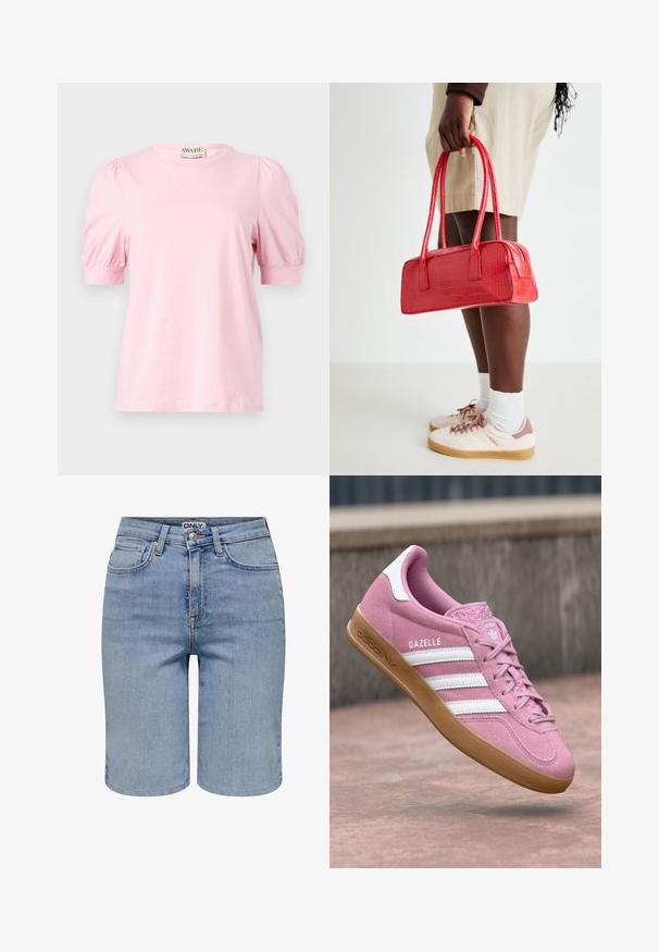 Pink t-shirt med korte pufærmer, rund halsudskæring, lavet af blødt stof. Enkel design uden mønstre eller dekorationer.; Lyseblå denimshorts med forlommer, bæltestropper, en metalknap og en lynlåslukning.; Lyserøde ruskinds-sneakers med hvidt design med tre striber og logo. Har en tekstureret tå og gummisål. Modellens navn "Gazelle" vises på siden.; Rød håndtaske i krokodillepræg med to håndtag og lynlåslukning. Retangulær form, glat tekstur og blank finish.