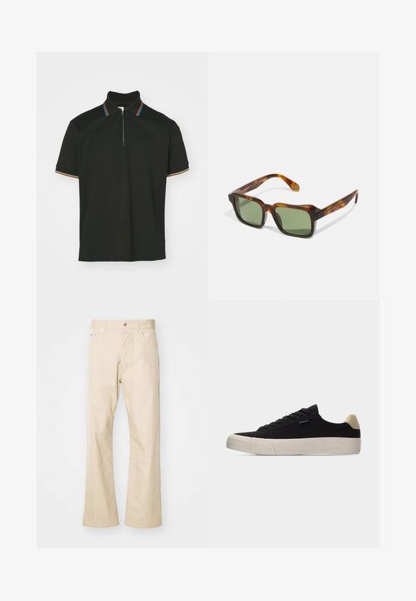 Sort polo-shirt med lynlås krave og multicolor striber. Korte ærmer og en glat bomulds tekstur.; Beige bukser lavet af bomuld, med en lige ben-edesign, to frontlommer, bæltestropper og metalknaplukning.; Sort lavsko med beige hælkappe, tyk hvid gummisål, sorte snørebånd og lille "PS Paul Smith" mærke på siden.; Firkantede solbriller med en skildpaddefarvet stel, grønne linser og tykke arme. Har skarpe hjørner og en blank overflade. Justerbar pasform.