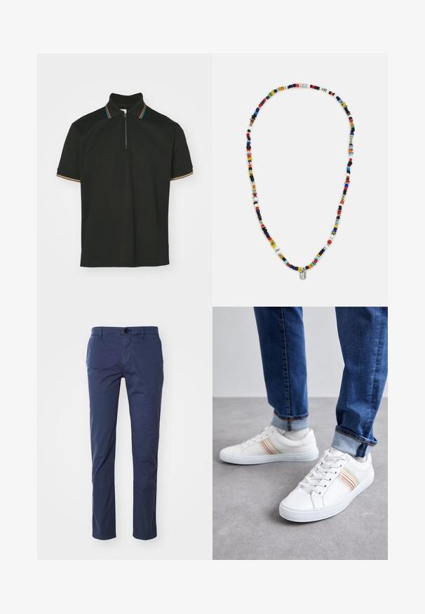 Sort polo-shirt med lynlås krave og multicolor striber. Korte ærmer og en glat bomulds tekstur.; Mørkeblå bomulds chinos med lige bendesign, der har en enkelt knaplukning foran og sidelommer. Glat tekstur, klassisk pasform.; Hvide lædersneakers med multicolore striber, snørebåndsdesign, gummisål og polstret krave, parret med blå denimjeans.; Farverig perlekæde med varierede former og størrelser, med metalliske accenter og små dekorative charms. Overvejende multicoloreret.