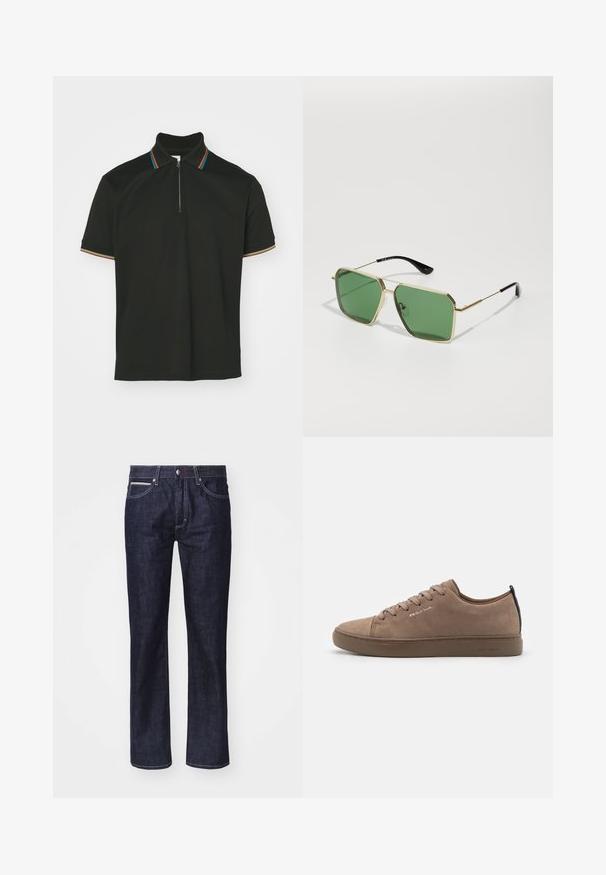 Zwarte polo met een ritssluitingkragen en meerkleurige strepen. Korte mouwen en een zachte katoenen structuur.; Donkerblauwe denim jeans met een rechte snit, subtiele contrasterende stiksels, vijf zakken en een knoopsluiting bij de taille.; Bruine suède sneaker met ronde neus, vetersluiting, contrasterende hieltab en reliëflogo. Platte rubberen zool, minimalistische stijl.; Gouden metalen zonnebril met groene lenzen, geometrische vorm en zwarte plastic oorpads. Lichtgewicht constructie met subtiele accenten.