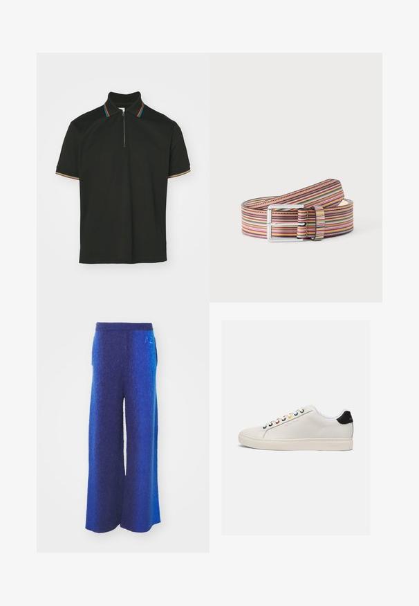 Polo noir avec un col zippé et des rayures multicolores. Manches courtes et texture en coton lisse.; Pantalons larges en dégradé de tons bleus, dotés d'un tissu texturé, d'une taille élastique et de poches latérales. Détail brodé subtil à la taille.; Sneaker en cuir blanc avec un bout légèrement arrondi, semelle plate, œillets multicolores, languette noire au talon et logo en relief sur le côté.; Ceinture en cuir enroulée avec un motif rayé horizontal coloré et une boucle rectangulaire argentée sur un fond uni.