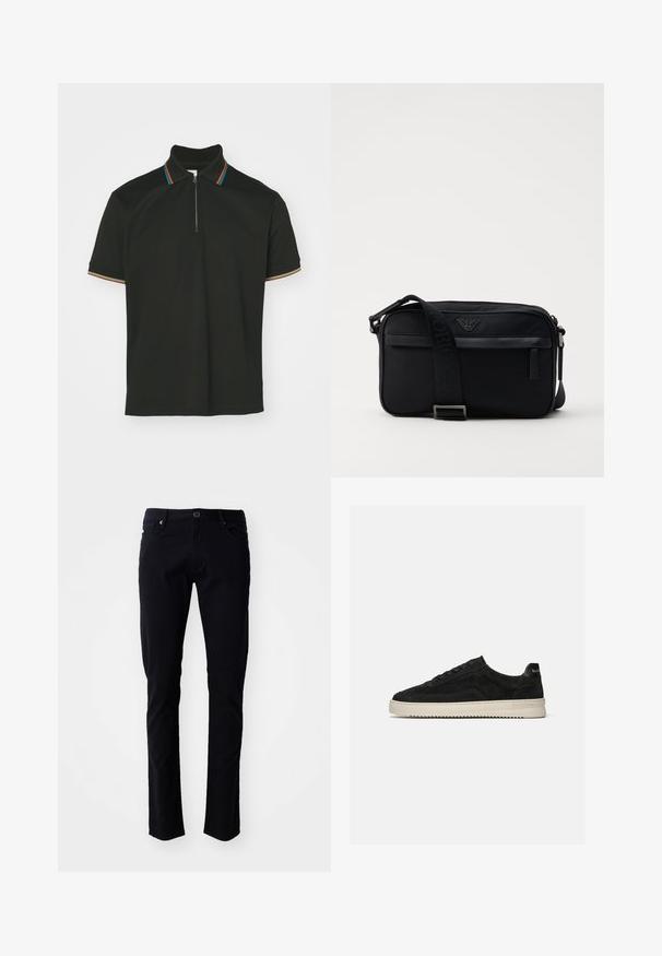 Camisa polo negra con cuello con cremallera y rayas de varios colores. Mangas cortas y una textura suave de algodón.; Pantalones de algodón negros de corte slim, con cierre de botón, trabillas para el cinturón, bolsillos delanteros y una textura suave.; Zapatilla deportiva baja de ante negro con cordones negros y suela de goma blanca, vista lateral sobre fondo gris claro liso.; Bolso de hombro negro de nailon con una correa de contraste, forma rectangular elegante, detalle del logo y un bolsillo con cremallera en la parte frontal.
