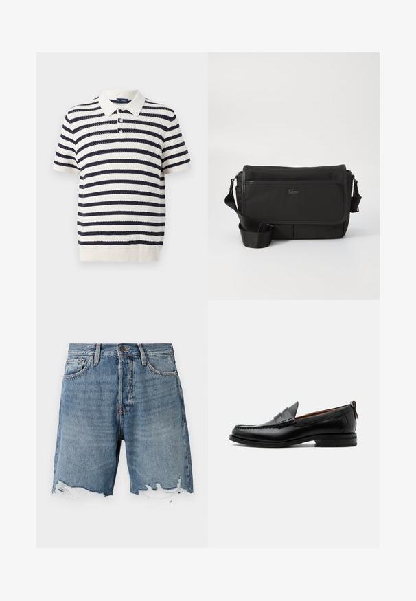 Stribet polo med marineblå og cremefarvede skiftende striber, korte ærmer, ribbet krave og tre-knaps lukning. Strikket tekstur.; Lys blå denimshorts med en slidt kant, fem-lomme design og synlig syning. Har en knaplukning i taljen.; Sort læder herre loafer med moc-tå syning, penny strop, struktureret krave og lav stablet hæl på hvid baggrund.; Sort messenger bag lavet af tekstureret nylon med en frontflap, justerbar strop og en lille logoaccent. Har to lynlåslommer.
