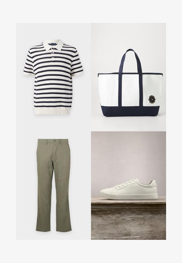 Polo a rayas con franjas alternas en azul marino y crema, de manga corta, con cuello acanalado y tapeta de tres botones. Textura de punto.; Pantalones casuales de color verde oliva, hechos de una tela suave. Cuentan con un corte recto, bolsillos frontales y un cierre de botón. Sin patrones visibles.; Zapatilla blanca con cordones flotando sobre un banco de madera con follaje verde al fondo, mostrando el diseño y la textura del zapato.; Bolso tote hecho de lona blanca con acentos en azul marino. Presenta dos asas resistentes y un parche de logo en la parte frontal. Forma rectangular.