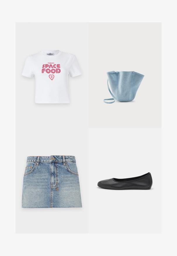 T-shirt en coton blanc avec un texte graphique rouge qui dit "NOURRITURE SPATIALE" avec un accent en forme de cœur, manches courtes et col rond.; Jupe mini en denim bleu clair avec une taille ajustée, fermeture à boutons à l'avant et deux poches latérales. Présente des ourlets bruts et des détails de couture contrastante.; Ballerines en cuir noir avec un bout rond, texture lisse, détails de couture minimalistes et design de semelle flexible.; Sac seau en tissu bleu clair avec longue bandoulière, grande ouverture supérieure et coutures verticales cousues, sur fond blanc uni.