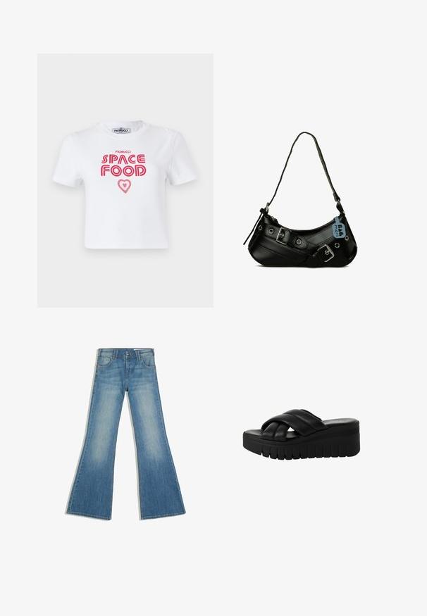 Hvid bomulds t-shirt med rød grafisk tekst, der siger "SPACE FOOD" med et hjerteaccent, korte ærmer og rund halsudskæring.; Blå denimjeans med flared ben, forlommer og knaplukning, vist mod en hvid baggrund.; Sorte platform sandaler med krydset remme lavet af glat læder, der har en tykkere struktureret sål og en let afrundet tå.; Sort syntetisk håndtaske med en buet form, justerbar rem og dekorative metalspænder. Har en glat, blank tekstur.