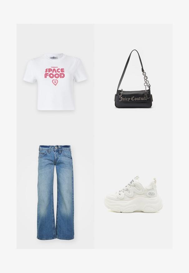 Hvid bomulds t-shirt med rød grafisk tekst, der siger "SPACE FOOD" med et hjerteaccent, korte ærmer og rund halsudskæring.; Lys blå vidde jeans i denimstof, med en blegning, fem lommer og en knaplukning med bæltestropper.; Hvide chunky sneakers med overdel i mesh og syntetisk materiale, buet form, tekstureret sål og fremtrædende snøresystem med logo detaljer.; Sort håndtaske lavet af tekstureret syntetisk materiale. Har en kædestrop og sølv "Juicy Couture" logoet fremtrædende vist på forsiden.