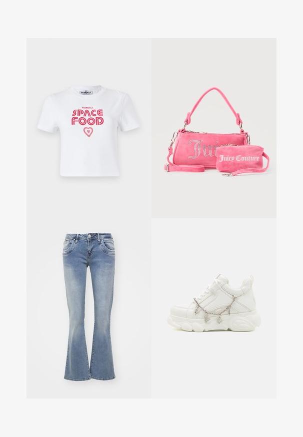 Witte katoenen t-shirt met rode grafische tekst die "SPACE FOOD" leest met een hartaccent, korte mouwen en een ronde hals.; Blauwe flared jeans van denim, met een lichte was, vijf zakken en een knoopsluiting. De pijpen zijn wijd aan de onderkant.; Witte sneakers met een dikke zool, een gestructureerde leren bovenkant en een decoratieve metalen ketting met bedels. Voorzien van vetersluiting en een gevoerd kraagje.; Twee roze Juicy Couture-tassen, één grotere met kristallen letters en een handvat, één kleinere met witte letters en een polsriempje, op een grijze achtergrond.