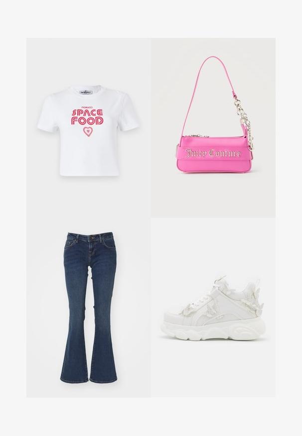 Witte katoenen t-shirt met rode grafische tekst die "SPACE FOOD" leest met een hartaccent, korte mouwen en een ronde hals.; Uitlopende blauwe denim jeans gemaakt van katoen met een middelhoge taille, vijf-pocket ontwerp en contrasterende stiksels langs de naden.; Witte chunky sneaker met dikke zool en decoratieve 3D vlinderaccenten aan de zijkant, veters en hiel.; Kleine felroze Juicy Couture-handtas met zilveren kettingdetail en logotekst aan de voorkant, enkele smalle schouderband.