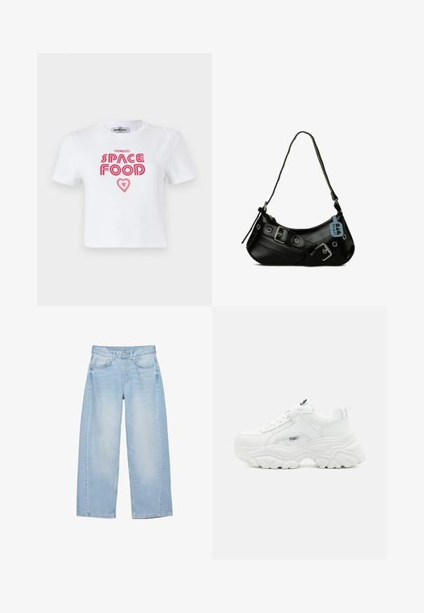 T-shirt en coton blanc avec un texte graphique rouge qui dit "NOURRITURE SPATIALE" avec un accent en forme de cœur, manches courtes et col rond.; Jean large bleu clair avec bouton à l'avant, fermeture éclair, cinq poches, et détails légèrement délavés sur les cuisses.; Des sneakers blancs chunky avec un dessus en cuir lisse, un bout rond et une semelle épaisse texturée avec un logo de marque visible sur le côté.; Sac à main synthétique noir avec une forme courbée, une bandoulière réglable et des boucles décoratives en métal. Présente une texture lisse et brillante.