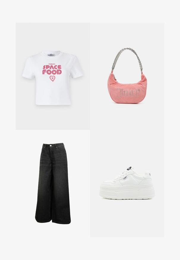 Weißes Baumwoll-T-Shirt mit rotem grafischem Text, der "SPACE FOOD" mit einem Herzakzent liest, kurze Ärmel und Rundhalsausschnitt.; Schwarze weit geschnittene Jeans mit hoher Taille, Frontknopf, Taschen und dezentem Logo auf der Vorder-Tasche.; Weiße Plattform-Sneaker mit einer glatten synthetischen Oberfläche, rundem Zehenbereich, gepolstertem Kragen und strukturiertem Profil. Mit einem kontrastierenden Logo-Tag.; Juicy Couture KIMBERLY SMALL SET - Handtasche - pink