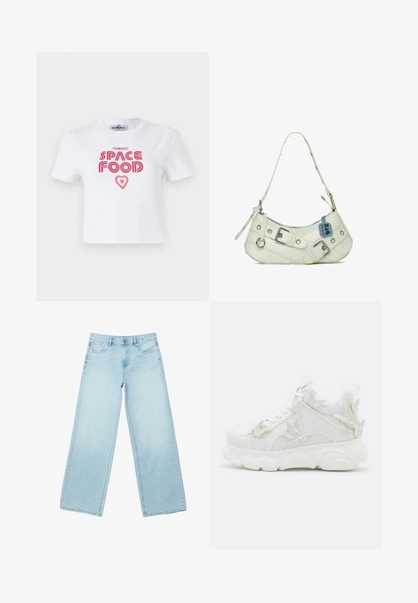 T-shirt en coton blanc avec un texte graphique rouge qui dit "NOURRITURE SPATIALE" avec un accent en forme de cœur, manches courtes et col rond.; Jean large bleu clair avec poches avant, passants pour ceinture et fermeture à bouton, présenté à plat sur un fond blanc.; Baskets blanches épaisses avec une semelle épaisse et des accents décoratifs de papillons en 3D sur le côté, les lacets et le talon.; Sac à main synthétique blanc avec une silhouette incurvée, une bandoulière réglable, une boucle décorative, du matériel en argent et une étiquette bleue attachée.