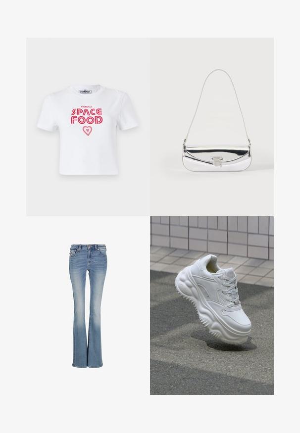 Λευκό βαμβακερό t-shirt με κόκκινο γραφικό κείμενο που γράφει "SPACE FOOD" με μια καρδιά ως έμφαση, κοντά μανίκια και στρογγυλή λαιμόκοψη.; Ανοιχτό μπλε τζιν παντελόνι bootcut με πέντε τσέπες, μπροστινό κούμπωμα και φερμουάρ, με φθαρμένες λεπτομέρειες στους μηρούς και τα γόνατα.; Λευκό δερμάτινο αθλητικό παπούτσι με χοντρή σόλα, υφή στη λεπτομέρεια και κλείσιμο με κορδόνια. Διαθέτει μορφοποιημένα στοιχεία και λεία φινίρισμα.; Μικρή ασημένια τσάντα ώμου με λεπτό λουρί και μπροστινό καπάκι που ασφαλίζει με μεταλλικό κούμπωμα.