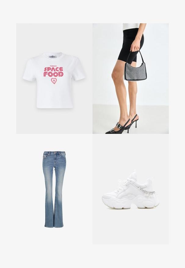 T-shirt en coton blanc avec un texte graphique rouge qui dit "NOURRITURE SPATIALE" avec un accent en forme de cœur, manches courtes et col rond.; Jean bootcut en denim bleu clair avec cinq poches, fermeture à bouton et zip sur le devant, détails décolorés aux cuisses et aux genoux.; Baskets blanches épaisses avec semelle épaisse, devant à lacets et détail chaîne avec perles pendantes sur le talon.; Sac à main à perles noires avec une silhouette courbée, une poignée de transport et une texture brillante. Porté avec des chaussures à talons hauts noires et un short noir ajusté.