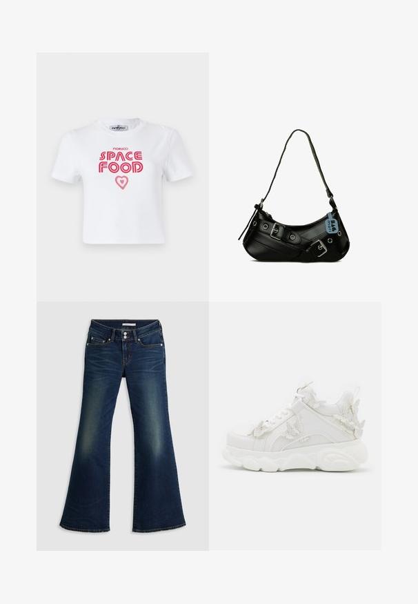 T-shirt en coton blanc avec un texte graphique rouge qui dit "NOURRITURE SPATIALE" avec un accent en forme de cœur, manches courtes et col rond.; Jean flare super bas en denim bleu foncé avec poches avant et arrière, fermeture à double bouton et détails décolorés sur les cuisses et les genoux.; Baskets blanches épaisses avec une semelle épaisse et des accents décoratifs de papillons en 3D sur le côté, les lacets et le talon.; Sac à main synthétique noir avec une forme courbée, une bandoulière réglable et des boucles décoratives en métal. Présente une texture lisse et brillante.