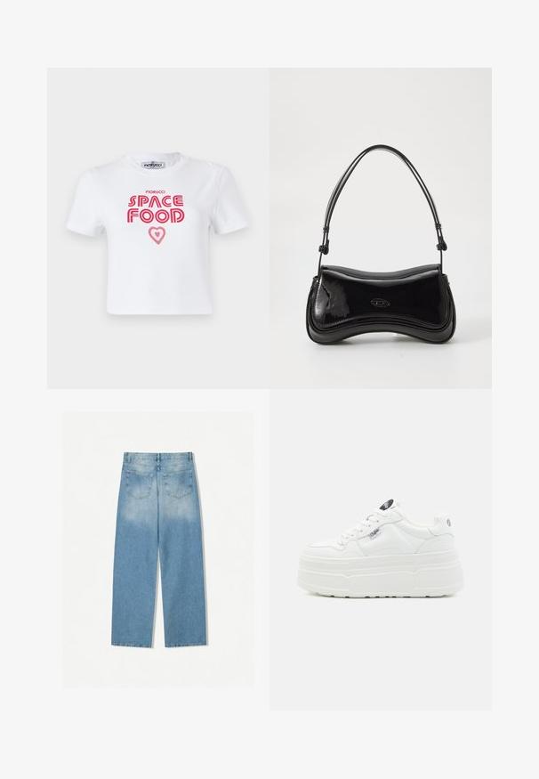 Hvid bomulds t-shirt med rød grafisk tekst, der siger "SPACE FOOD" med et hjerteaccent, korte ærmer og rund halsudskæring.; Lysblå denimjeans med lige ben-design, som har to baglommer og en falmet tekstur i de øverste sektioner.; Hvide platform sneakers med en glat syntetisk overflade, rund tå, polstret krave og tekstureret sål. Har et kontrasterende logo-tag.; Sort patentlæder håndtaske med en buet form, et enkelt håndtag og en rund bund. Har en subtil logo-detalje på forsiden.