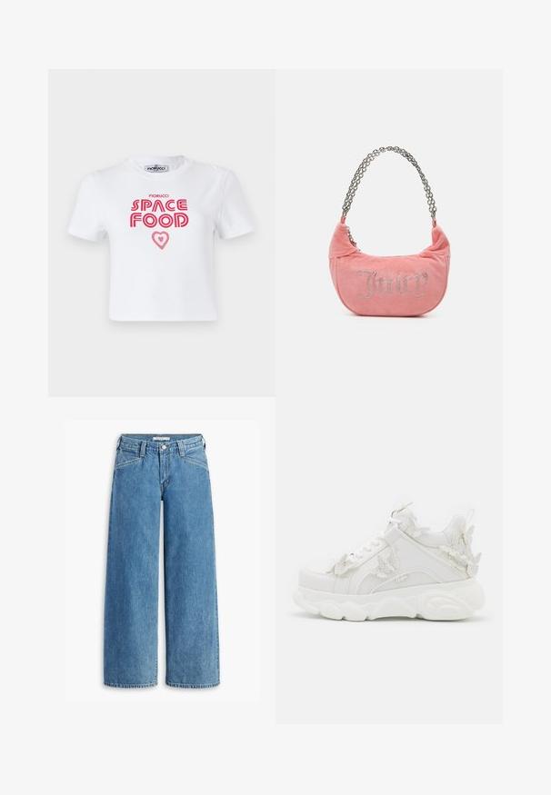 Weißes Baumwoll-T-Shirt mit rotem grafischem Text, der "SPACE FOOD" mit einem Herzakzent liest, kurze Ärmel und Rundhalsausschnitt.; Hellblau weite Jeans aus Denim, mit hoher Taille, fünf Taschen und einem klassischen Knopfverschluss. Gerader Schnitt vom Oberschenkel bis zum Saum.; Weißer klobiger Sneaker mit dicker Sohle und dekorativen 3D-Schmetterlingsakzenten an der Seite, den Schnürsenkeln und der Ferse.; Juicy Couture KIMBERLY SMALL SET - Handtasche - pink