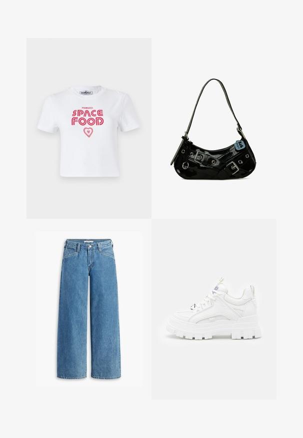 Hvid bomulds t-shirt med rød grafisk tekst, der siger "SPACE FOOD" med et hjerteaccent, korte ærmer og rund halsudskæring.; Lysblå bredbenede jeans lavet af denim, med høj talje, fem lommer og en klassisk knaplukning. Lige snit fra lår til kant.; Hvide chunky sneakers med en tekstureret overdel, polstret krave og tyk, rillede sål. Har kontrastfarvede sorte snørebånd og brandingdetaljer.; Sort lakeret skuldertaske med en buet form, udsmykket med sølvhardware, dekorative spænder og en kort rem. Blå mærkat vedhæftet.